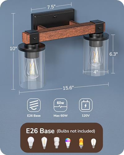 Image of EDISHINE 2-Light Painted Wood Wall Sconces, Farmhouse Vanity Light Fixture | Clear Glass Shade, Up & Down Mounting Optional, E26 Base, Rustic Charm, Waterproof for Bedroom, Powder Room