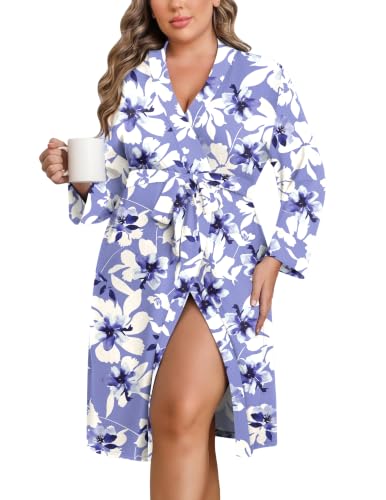 Image of Ekouaer Women Plus Size Robe Knee Length Lightweight Bathrobe Short Kimono Robes with Pockets Maternity Robe