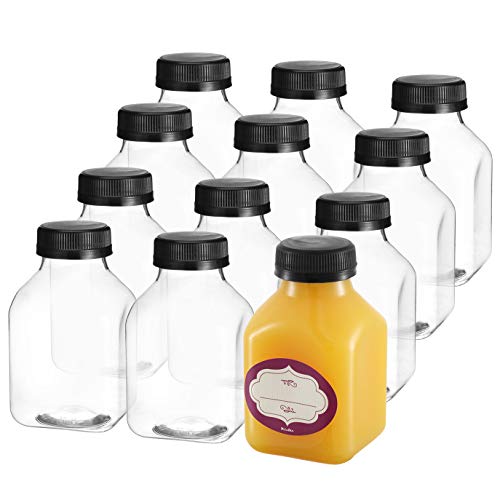 8 Oz Empty Plastic Juice Bottles with Lids – 12 Pack Small Square
