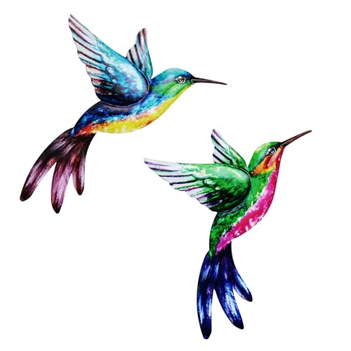 SUNNEKO Large Metal Hummingbird Garden Ornaments Outdoor Metal Wall Art Big Hummingbird Decorations for Outside Garden Shed Fences Yard Decorations Wall Hanging (2 PCS)
