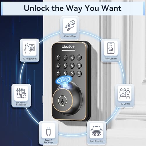 Image of Ulecoce Fingerprint Keypad Deadbolt with Handle Set, Keyless Entry Door Lock, Door Locks for Front Door Lock Set, App Control, Auto Locking, Easy to Install, Oil Rubbed Bronze