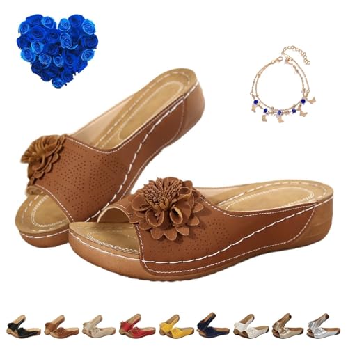 Comfortable Non-Slip Solid Color Open-Toe Wedge Sandals for Women Lightweight Casual Flowers Thick Sole Orthopedic Arch Support Summer Beach Sandals