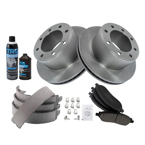 Image of TRQ Rear Brake Pad & Rotor Kit, with Chemical Kit Parking Brake Shoe Set Ceramic Compatible with 2005-2007 Ford F-250 Super Duty F-350 Super Duty