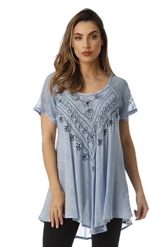 Riviera Sun Loose Fit Mesh Sleeve Embroidered Tunic Top Blouse Shirt