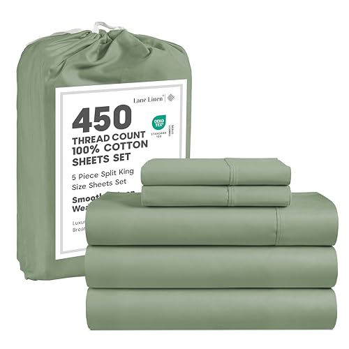 Image of LANE LINEN Split King Sheet Sets for Adjustable Beds - 5 PCs, 450 Thread Count Split King Sheets Set - Sateen Weave King Split Sheets - Split Top King Sheets Set for Adjustable Bed - Iceberg Green