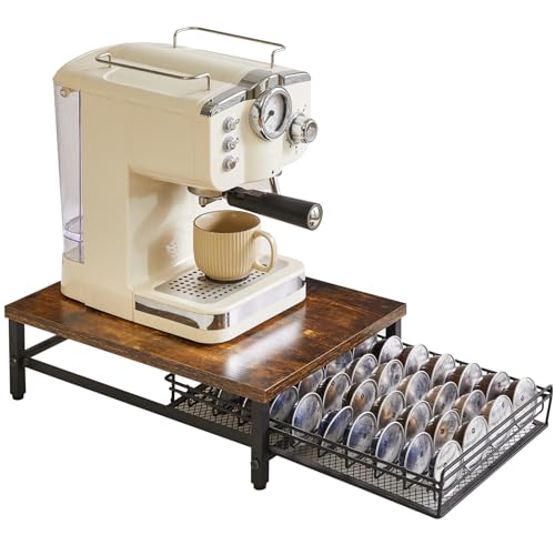 IBUYKE Coffee Pod Drawer Holder,40 Capsule Pods,Compatible for Nespresso Vertuo Pods,Wooden Top and Mesh Shelves,Home Kitchen Counter Coffee Bar Organizer, Rustic Brown,TCJ101H