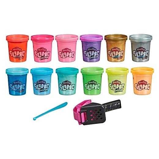 Play-Doh Slime: Super Stretch, and HydroGlitz 12 Color Variety Pack for Kids 3 Years and Up, 1.8-Ounce Cans, Non-Toxic, Assorted Colors, Includes 2 Tools