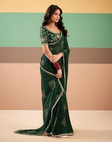 Image of SIRIL Women's Georgette Bandhani Printed, Embroidery Lace Saree With Unstitched Blouse Piece