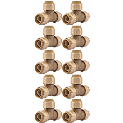 Image of SharkBite 1 /2 Inch Tee, Pack of 10, Push to Connect Brass Plumbing Fitting, PEX Pipe, Copper, CPVC, PE-RT, HDPE, U362LFCP
