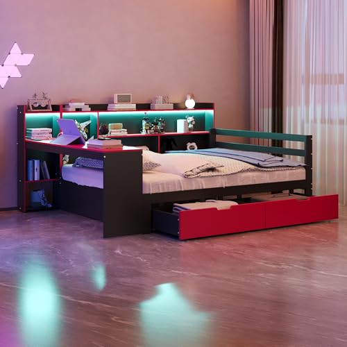 Crlnaup Cama de madera sofá cama 140 x 200 cm, con escritorio, estantería, estantes de almacenamiento y estantes, con iluminación integrada y enchufes, cajones, cama de madera multifuncional, color