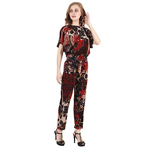Image of POPWINGS Casual Coffee Brown Georgette Printed Top and Trouser Set for Women || Stylish Western Co-Ords Set for Women Summer Wear || Batwing Sleeves Round-Neck Regular Top Trouser Set for Women