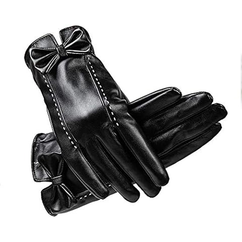Ladies Leather Gloves Winter Women Plus Velvet Driving Winter Warm Riding Touchscreen Cycling Cold-proof Windproof Black(Bow) Cover