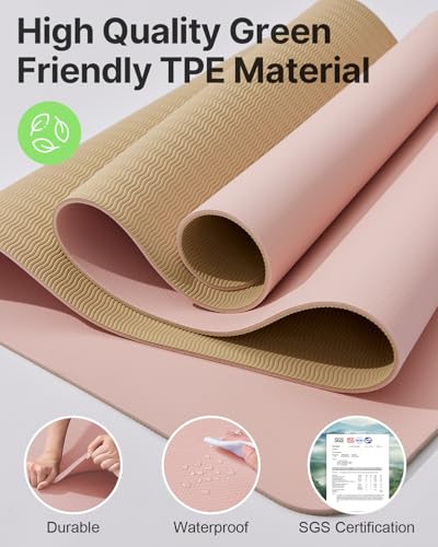 Yoga Mat,Non-Slip TPE Exercise Mat(1/4 Inch) for Pilates, Fitness & Barefoot Workouts, Home Gym Studio with Strap & Bag (Pink, 24 * 0.24 Inches) - Thumbnail 5