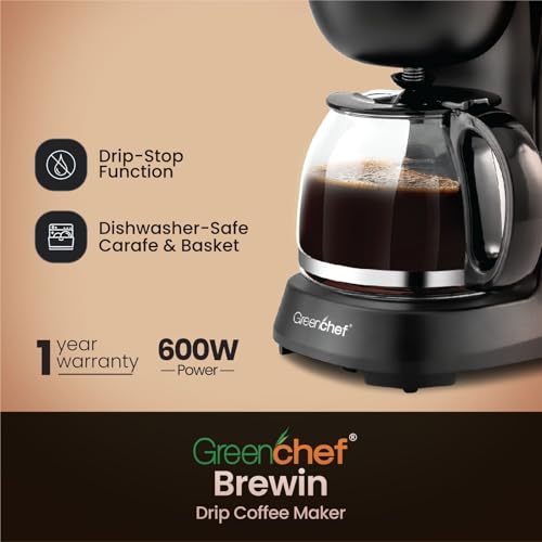 Image of GREENCHEF Brewin Drip Coffee Maker 600W | Borosilicate Glass Carafe | One-Touch Brewing | Drip-Stop Function | Dishwasher-Safe | 600ml Capacity With Filter |