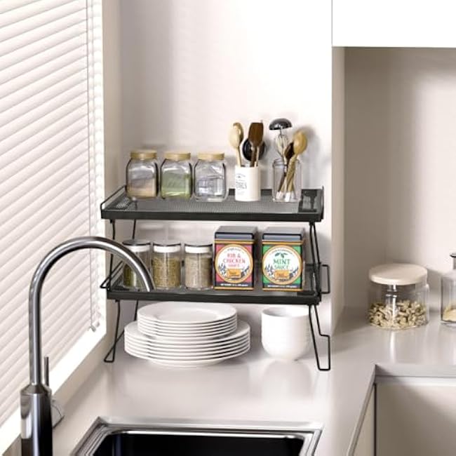 IBERG Cabinet Shelf - Set of 2 Mesh Shelf Organizers - Tool-Free Stackable Storage Rack for Kitchen, Pantry, and Bathroom (Black)