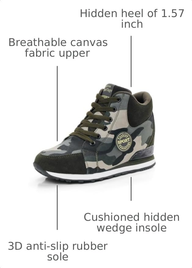 Image of ESXGED Women's Fashion Camouflage Platform Canvas Sneakers Girl's Invisible Wedges Increase Heel Mesh-Cloth Casual Shoes