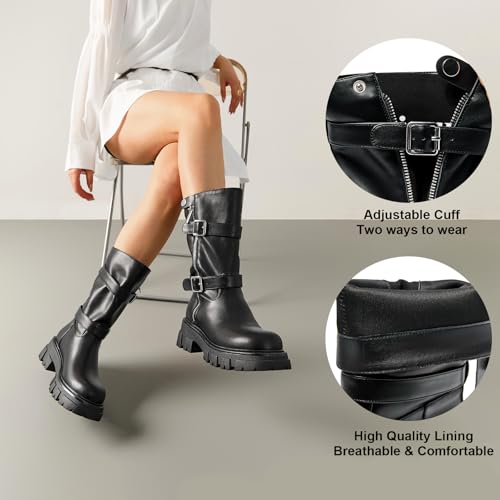 Women's Combat Boots Chunky Platform Mid Calf Boots Ankle Buckle Biker Boots Round Toe Motorcycle Moto Bootie2