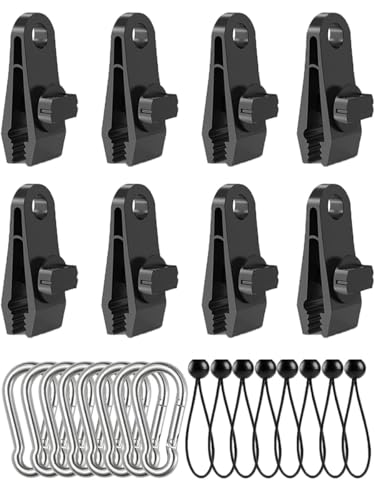24 Zeltplanen Clips Zelte Multifunktion Zeltklemme Set Krokodil Mund Clip Camping Zubehör Zelt mit Gebundene Seile und 3 Karabine für Zelte