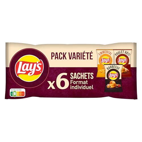 LAY'S Chips Multipack Saveurs Poulet Rôti Barbecue Emmental - Lot de 4x27,5g et 2x25g