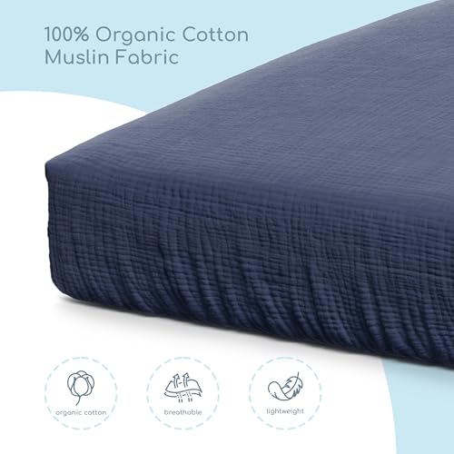 Image of Muslin Crib Sheets, 100% Organic Cotton, Breathable and Ultra-Soft, Standard Crib Sheet Mattress (28 inchx 52 inch) for Girls and Boys, Neutral Fitted Baby Crib Sheet (Navy)
