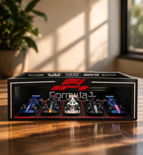 Image of Formula Racing Car Diorama Display Case for 1:64 Scale Cars | Pit Lane Style Collector Display Box for Diecast Cars | Desk & Shelf Decor| with Integrated LED Light Strip(No Cars Only Display Case)