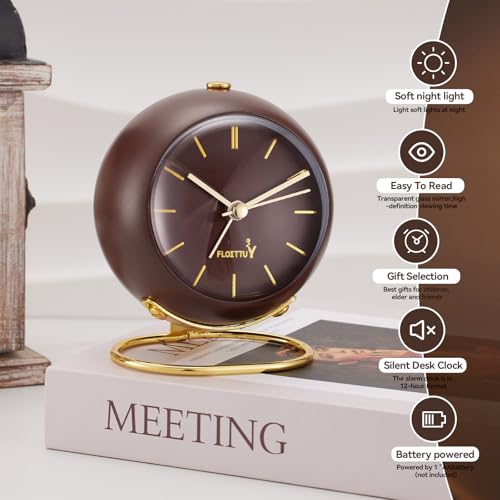 Image of FLOITTUY Silent Table Analog Alarm Clock No Ticking, Lighted on Demand and Battery Operated, Beep Sounds, Small Desk Clock(Cocoa Brown)
