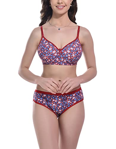 Image of FIMS - Fashion is my style Women Cotton Blend Floral Print Padded Non-Wired Bra Panty Set Full Coverage Lingerie Set Multicolor See Main Image to Check How Many Sets You Will Get