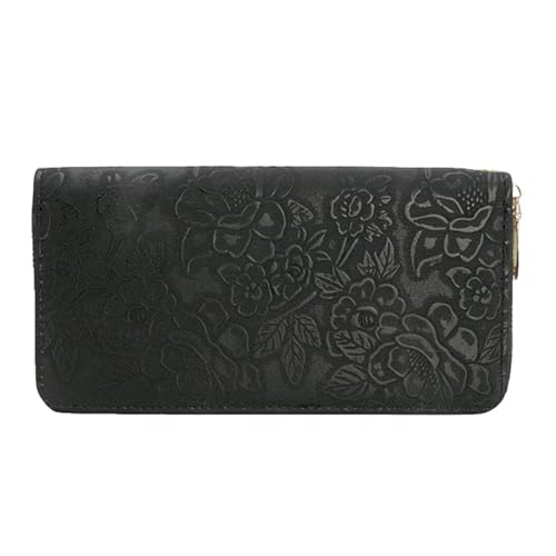 Women's flower embossed wallet, women's ultra-thin wallet, large capacity zipper style handbag, detachable wristband, 7.67 x 3.93 inches, black,