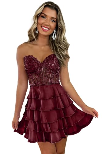 Strapless Homecoming Dresses for Teens 2025 Lace Corset Tiered Ruffle Chiffon Short Prom Dress