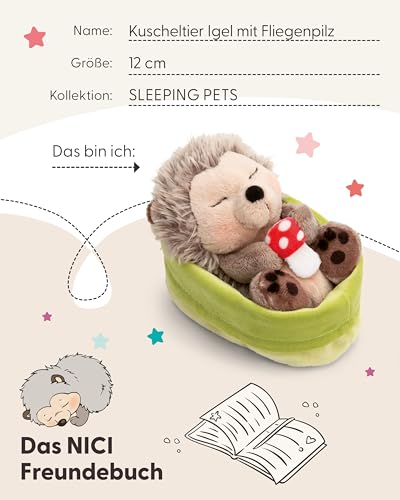NICI Kuscheltier Igel mit Fliegenpilz schlafend im Körbchen - braun - Stofftier aus weichem Plüsch, niedliches Plüschtier zum Kuscheln und Spielen, für Kinder & Erwachsene - 61583