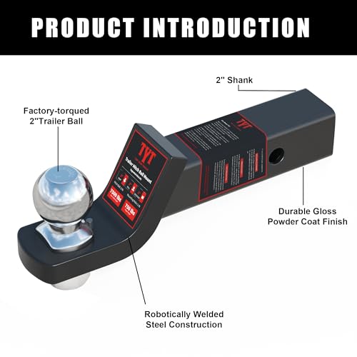 Image of TYT Trailer Hitch Ball Mount with 2 Inch Ball & Pin, Fits 2 Inch Receiver, 7500lbs, 2 Inch Drop, Upgraded Hitch Kit Black with Anti-Rattle Pin