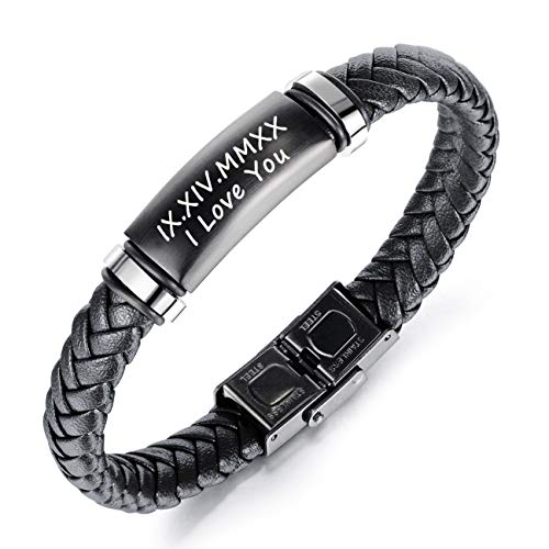 GAGAFEEL Custom Leather Bracelet Classic Braided Rope Engraved Name Message Men Women Stainless Steel ID Cuff Bangle Xmas Birthday Gift for Best Friend Couple Family (Black)