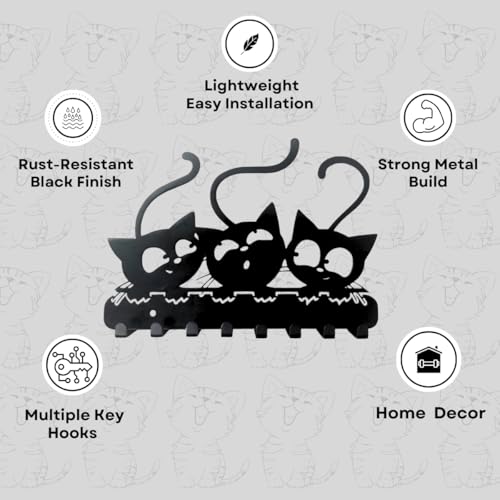 Image of Meet DECOR Metal Cat Family Design Key Holder with 8 Hooks | Decorative Wall Mounted Key Rack for Home, Entryway, Kitchen & Office | Organizes Keys, Accessories & Small Items