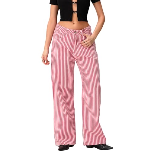 Y2k Striped Bell Bottom Jeans for Women Baggy High Waisted Wide Leg Boyfriend Jeans Teen Girls Cute Flare Denim Pants