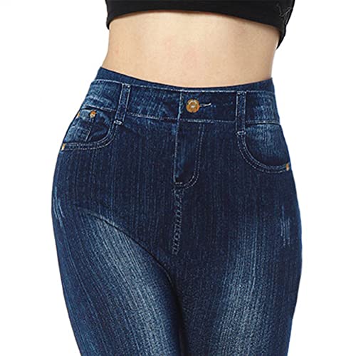 Onsoyours Leggings Imitation Jean Femme Leggings Taille Haute Ceinture Elastiquée Slim Jeggings Extensible Pantalon de Crayon B Bleu XXL