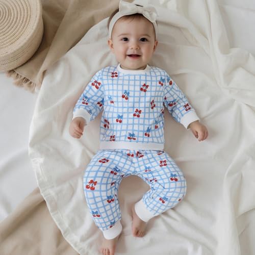 Toddler Baby Boy Girl Cherry Outfit Gingham Sweatshirts Top Joggers Pants Set Sweatsuit Fall Winter Clothes3