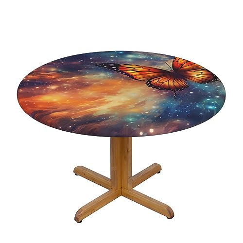 cfpolar Colorful Space Galaxy Butterfly Round Fitted Tablecloth with Elastic Edge Waterproof Wipeable Round Table Cover Cloth for Indoor Outdoor Party Dinner Fits Diameter 40-44 Inch Round Table