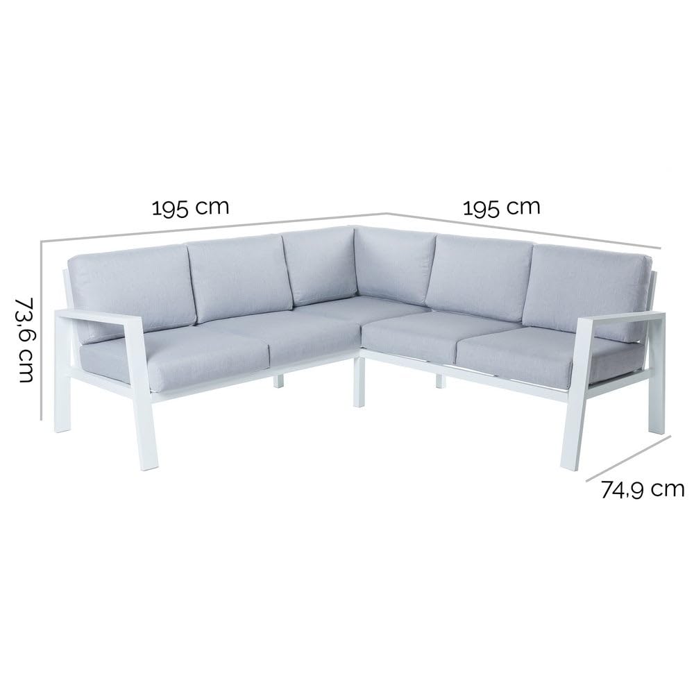 LOLAhome Sofá rinconera de jardín, de Aluminio, 195x195x73 cm, diseño Elegante, Ligera y Resistente. Cojines desenfundables con Tratamiento hidrófugo - Colección Thais (Blanco)