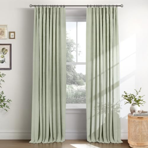 Image of INOVADAY 100% Blackout Curtains for Bedroom, Sage Black Out Curtains 96 Inch Long, Clip Rings Linen Blackout Drapes, Thermal Insulated Room Darkening for Living Room, 2 Panels - W50xL96