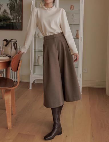 chouyatou Women's Wool Culottes Capri Cropped Pants Pleated Elastic High Waist Wide Leg Palazzo Trouser3