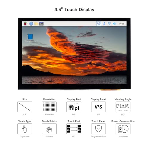 Image of waveshare 4.3inch Capacitive Touch Display Compatible with Raspberry Pi 5 /4B /3B+ /3A+ /3B /2B /B+ /A+ /CM3 /3+ /4 800x480 Resolution IPS Wide Angle MIPI DSI Interface