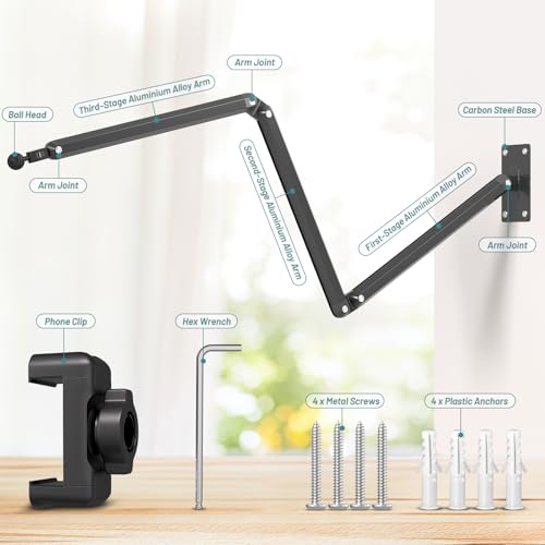Image of Wall Mount Phone Holder,Phone Holder for Desk Bed,3-Stage Aluminium iPhone Stand,Foldable Extendable Arms Heavy Duty Drilling Base,Compatible with 3.5~7.5 inch iPhone /HTC /LG /Huawei /Galaxy /Smartphones