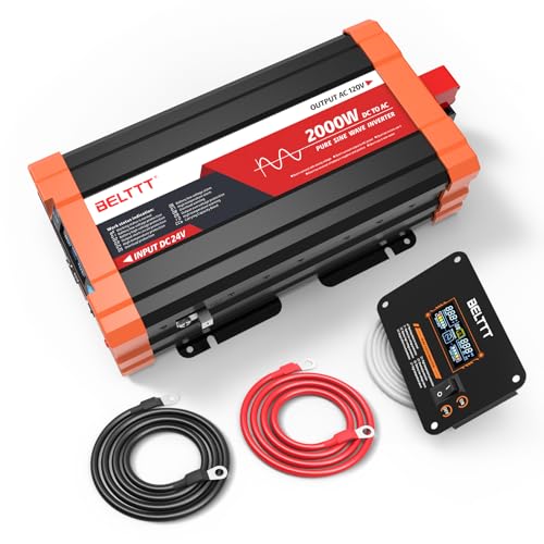 BELTTT 2000W 24V Inverter Pure Sine Wave Inverter 24V DC to 120V AC for Solar Off-Grid RV Truck Power Inverter Dual AC and 20A Socket 5V 2.1A USB Hardwire Port Remote Controller Surge 4000W