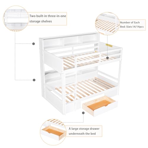 Polibi Twin Over Twin Bunk Bed With Built-In Shelves Beside Both Upper And Down Bed And Storage Drawer, Twin Size Wooden Bunk Bed With Guardrails And Ladder thumb #2