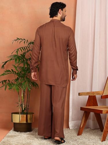 Image of See Designs Men's Full Sleeve Mandarin Collar Viscose Rayon Solid Pathani Set