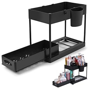 DLD Under Sink Organizers and Storage Pull Out Sliding Drawers, 2 Tier Under-Sink Organisers with Sliding Drawer, 4 Hooks, 1 Cup, Black Under Sliding Cabinet Basket Organiser for Bathroom/Kitchen
