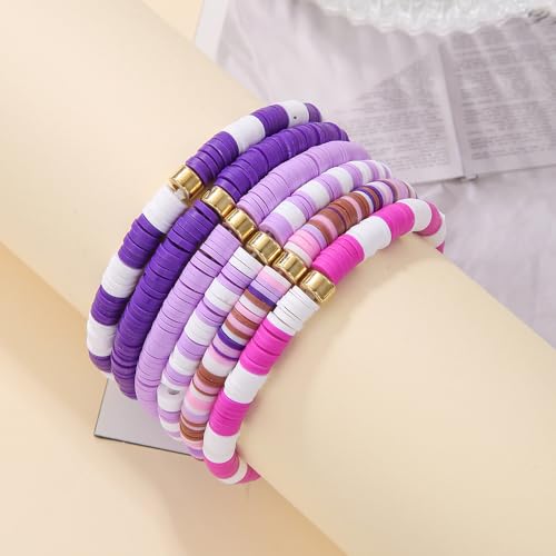 Image of COLORFUL BLING 6Pcs /Set Bohemia Heishi Clay Surfer Bead Stretch Bracelets Vinyl Disc Polymer Stackable Layering Bracelet Set Preppy Summer Beach Jewelry for Women