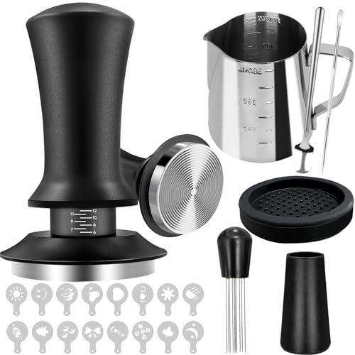 Kaffee Tamper Set 51mm 22 Stück, Espresso-Barista Zubehor mit 51mm Kaffee Tamper und WDT Tool, Barista Tool mit Leak Proof Pad, Kaffeerührer, Schaumkanne, Latte Art Pen und 16 Kaffee-Schablonen