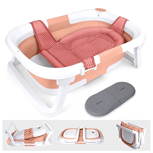 Image of Collapsible Baby Bathtub – Bathtub + Baby tub Cushion + Baby Bath tub Kneeler – Durable Baby Bathtub Newborn to Toddler 0-24 Months – The Ultimate Travel Baby Bathtub and Everyday use! (Pink)