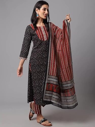 Tee Projekt Women's Cotton Blend Straight Kurta Pant With Dupatta Set Ll Round Neck Kurta Ll Kurta Set For Women Black